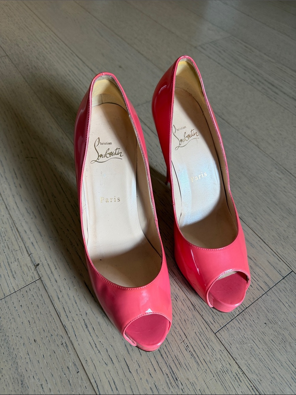 Christian Louboutin Coral Pink Patent Peep-Toe Pumps